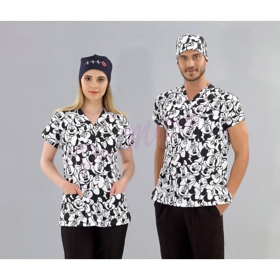 Desenli Yarasa Kol Modeli Cerrahi Takım ( Terikoton İnce Kumaş) Mickey Mouse Siyah